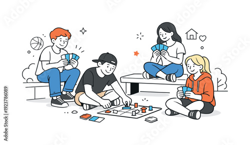 Diverse group of friends enjoying a board game and cards outdoors on a sunny day