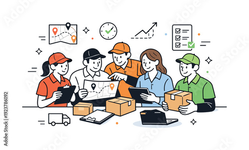 Delivery team coordination. Several couriers and managers calmly reviewing routes and packages together, showing teamwork and organized
