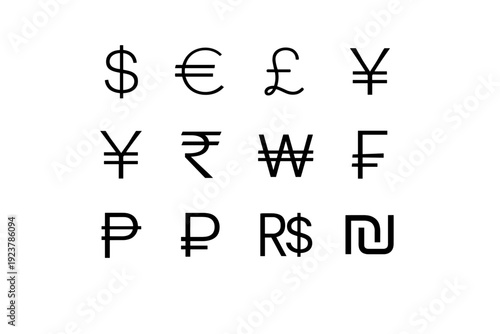 Global currencies. Line icon set of Global currencies: dollar sign, euro sign, pound sign, yen sign, yuan sign, rupee sign, won sign, franc