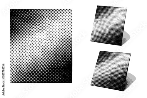 Printed halftone paper surface A printed paper surface shown in front view, angled view, and three-quarter view with visible press texture