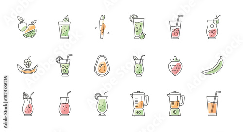 A collection of illustrated smoothies and fruit icons for healthy eating and beverages