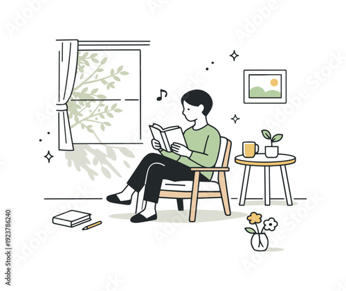 Quiet everyday scenes in spring. A person reading quietly near a window while sunlight and tree shadows gently fill the room. Stillness and