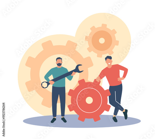 Technical support. Repair repair, maintenance workers with tools and gears, process optimization, system setup, engineering project automation, cartoon isolated vector technology concept