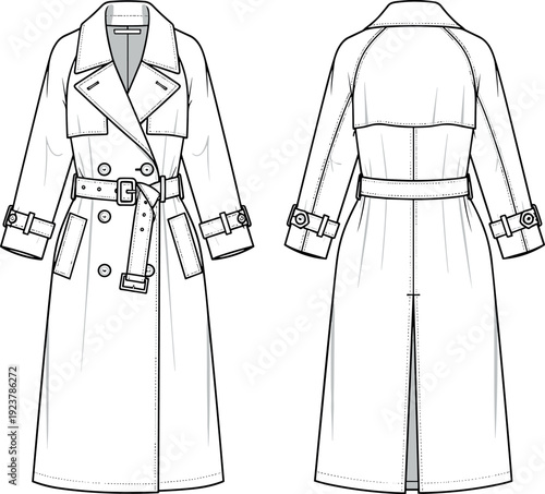 Classic women trench coat technical fashion illustration front and back view double breasted outerwear apparel flat sketch vector design template.