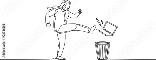 Single one line drawing emotional Arabian businessman kicked the laptop into the trash. Angry at the unprofitable stock value. one line Icon drawing