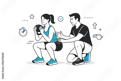 Athletic coaching one-on-one. Athlete performing an exercise with the coach correcting posture, supportive presence and attention to detail, calm disciplined