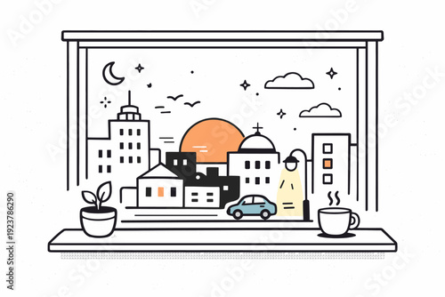 Film-like grain aesthetics. Evening city scene viewed through a window, faint grain adding depth and softness. Cinematic urban calm with textured visual