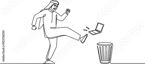 Single one line drawing emotional Arabian businessman kicked the laptop into the trash. Angry at the unprofitable stock value. one line Icon drawing