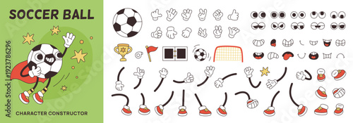 Soccer ball character constructor. Groovy sport mascot with smiling face, creation kit, different poses and expressions, arms and legs, happy faces, various gestures garish vector cartoon set