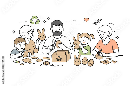 Eco-Friendly Easter Crafts. Easter recycled paper decor. Family crafting together, adults and children creating paper bunnies and eggs from reused sheets.