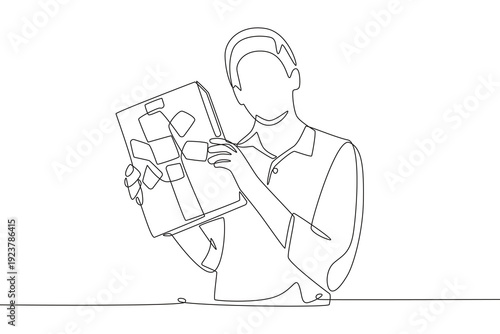 Man receives gift. Receiving gifts concept one-line drawing
