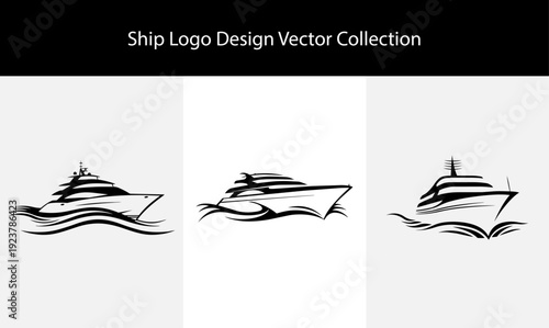 Ship Logo Design Vector Collection Featuring Luxury Yacht Silhouettes With Ocean Waves For Maritime Branding Travel Agency Professional Cruise Identity Elements And Nautical Marine Transport