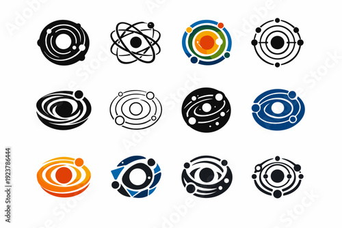 Building a model of the solar system. Icon set. Set Logo of Building a model of the solar system: circular planetary orbits