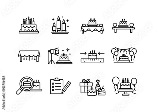 Cake centerpiece setup. Line outline icon set of cake centerpiece setup: decorated cake,
