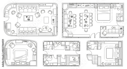 Detailed architectural floor plans showcasing interior layouts and design concepts for various spaces.