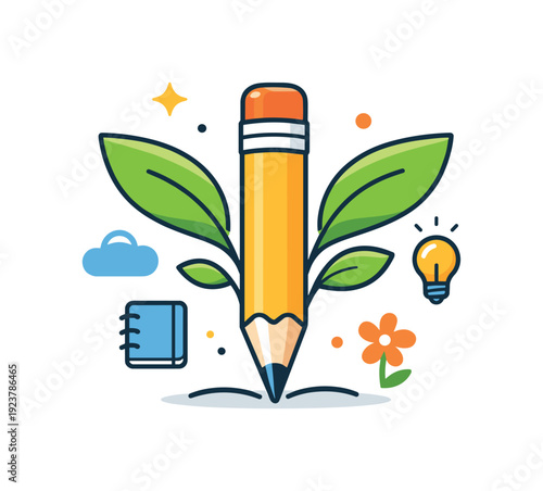 Spring creative process centered on a pencil and sprouting leaves forming a balanced composition, representing growth through practice and