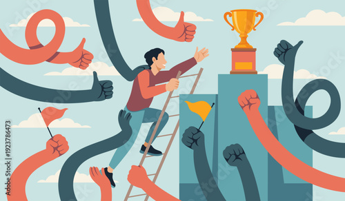 People hands supporting. Man strives for victory, award cup, hands help get to podium top, friendly atmosphere, teamwork success symbol, personal growth cartoon isolated tidy vector concept