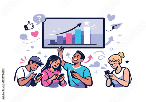 Live Polling Graphics. Audience members tapping phones as real-time bars rise and shift on a