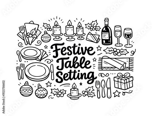 Festive Table Setting. Hand-drawn doodle illustration of Festive Table Setting. plates,