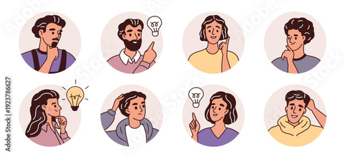 People avatars. Thoughtful business people portraits for social media, round frames, idea came mind, smiling faces, communication and user interface design, garish vector isolated set