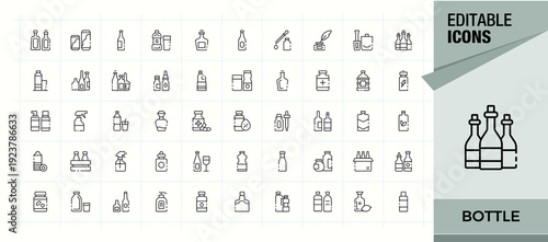 Bottle icon set. Minimalist linear icons. Editable stroke. Wine Bottle icon. Contains such icons as eco, water, container, drink and more.