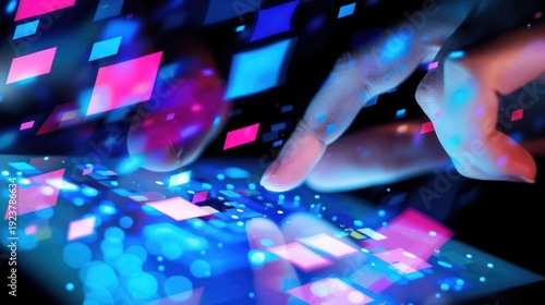 Futuristic Digital Interface with Colorful Squares and Human Hand Touching Technology