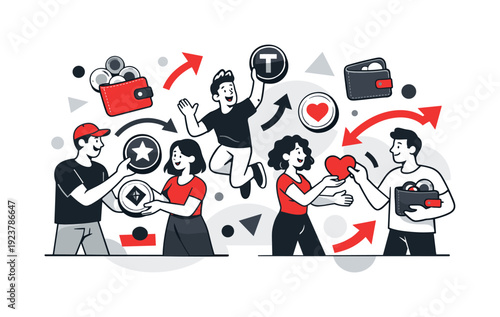 Token-based community. Members exchanging tokens and symbols of value, wallets and arrows