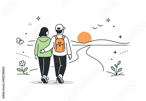 Spring equinox nature walks ? completing the walk together. A warm scene with two people walking side by side toward open space, gentle