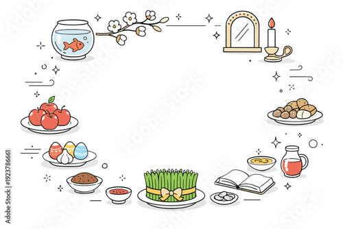 Nowruz family photo traditions. Minimal editorial background with Haft-Seen elements forming a soft frame around empty space for a family photo. Clean seasonal