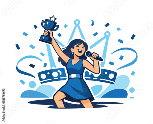 Winning the show. Singer holding a trophy and microphone, confetti raining down, stage