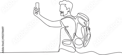 Single one line drawing man making selfie with smartphone. Travel male with backpack taking selfie. Tourism nature backpacking or trekking trip. one line Icon drawing