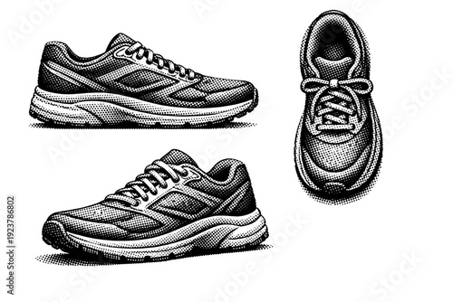 Halftone dot sports graphic running shoe A running shoe is illustrated as one object shown from three different views: side view, top view, and three-quarter