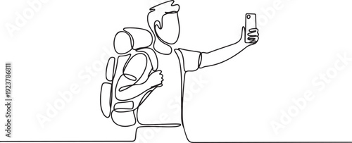 Single one line drawing man making selfie with smartphone. Travel male with backpack taking selfie. Tourism nature backpacking or trekking trip. one line Icon drawing