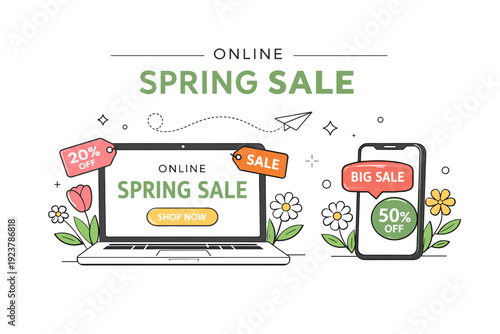 Online spring sale promotion. Laptop or smartphone with sale labels and spring flowers arranged in a clean editorial banner layout. Calm digital shopping mood