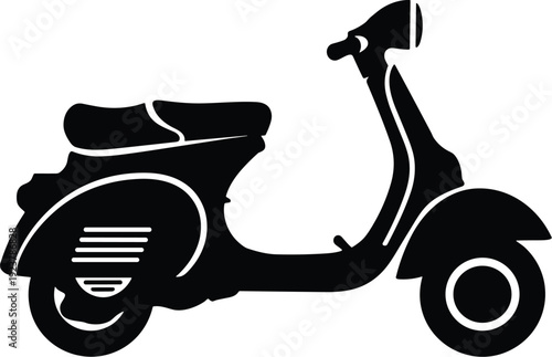 Black and white scooter silhouette illustration showing rounded body, front fender, seat, handlebars, headlight, retro vintage design aesthetic