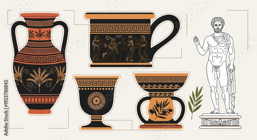 Set of 5 ancient Greek vase and statue vector illustrations