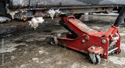 Car lifted with a floor jack for repair in winter with snow and ice on the chassis and ground