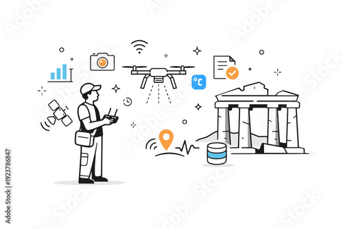 Heritage site monitoring. A technician using drones to inspect an ancient monument, abstract icons of sensors, data, and stars floating around to