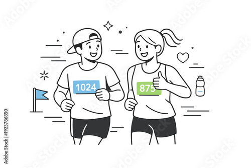 Two friends at a charity run. Two people jogging side by side with race numbers, smiling and encouraging each other. A friendly community