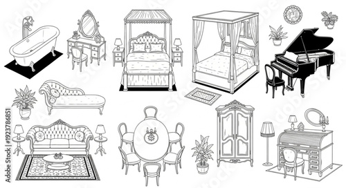 Elegant furniture collection featuring a luxurious bed, grand piano, and other classic pieces.