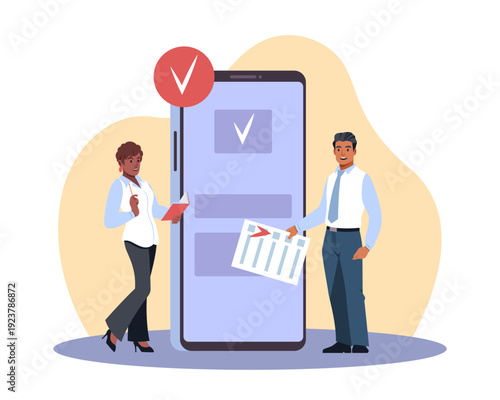 Online voting. Remote selection and statistics, visit mark, counting votes, candidates list, smartphone checklist and analytics report, man and woman planning cartoon flat vector concept