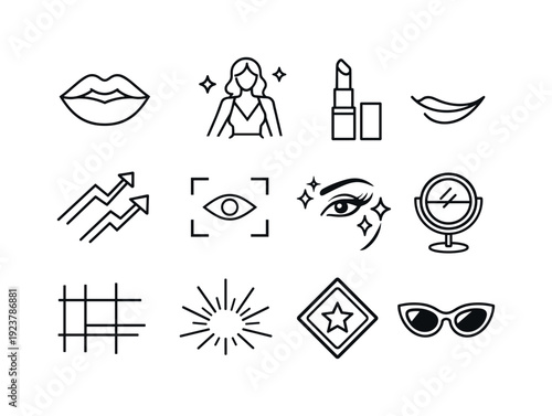 Fashion Makeup Look. Line outline icon set of Fashion Makeup Look: bold lips close up,
