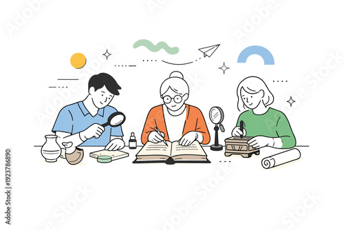 Cultural Restoration Collaboration. Cultural heritage preservation. People carefully restoring an old manuscript and artifacts on a table, working calmly