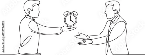 Single one line drawing hand gives alarm clock to colleague. Submit difficult assignments so as not to miss deadline. Share tasks to keep business running. one line Icon drawing