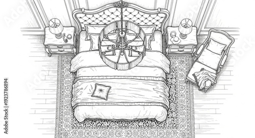 Detailed top-down view of a luxurious bed with intricate design elements and decorative pillows.