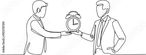 Single one line drawing hand gives alarm clock to colleague. Submit difficult assignments so as not to miss deadline. Share tasks to keep business running. one line Icon drawing