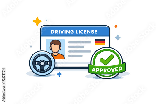 Driving license mockup illustrated as an official card paired with a small steering wheel symbol and approval stamp, emphasizing