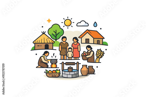 Living conditions and social structure in past societies a clean concept badge showing modest dwellings, human figures and shared resources