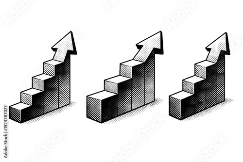 Stepped Growth Arrow. Business growth arrow ? stepped growth arrow. A single stepped growth arrow with block-like increments depicted in three views revealing
