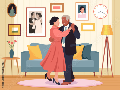 Old couple dance in room. Cute romantic seniors, cozy home interior, happy grandparents move to music, people in love, senior man and woman together tidy vector cartoon isolated concept